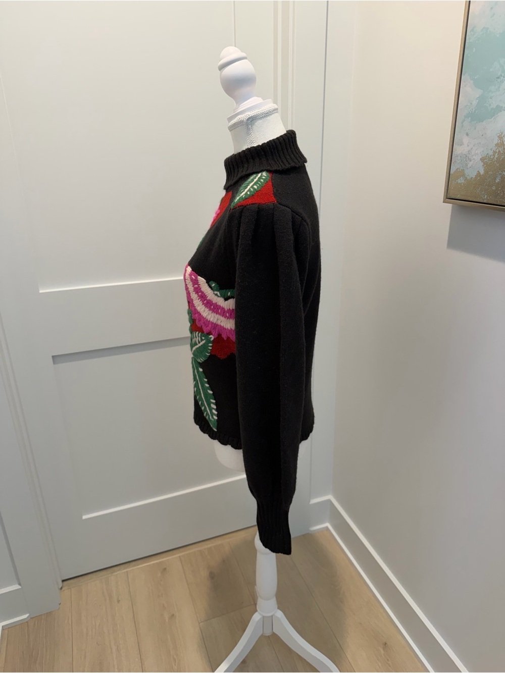 Farm Rio Black Floral Bold Colorful Mock-Neck Sweater Embroidered Flowers XS NEW - Picture 7 of 12